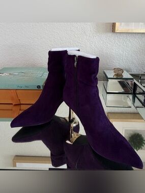 Purple Suede Ankle Boots with Sculpted Metallic Heel
